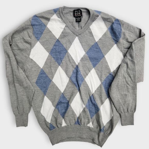 Jos. A. Bank Sweater Mens L Signature Collection Blue Gray Argyle Stretch Preppy - Picture 2 of 5